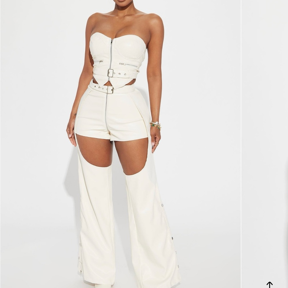 Fashion Nova White Jumpsuit with Wide-Leg Design and Plunging Neckline